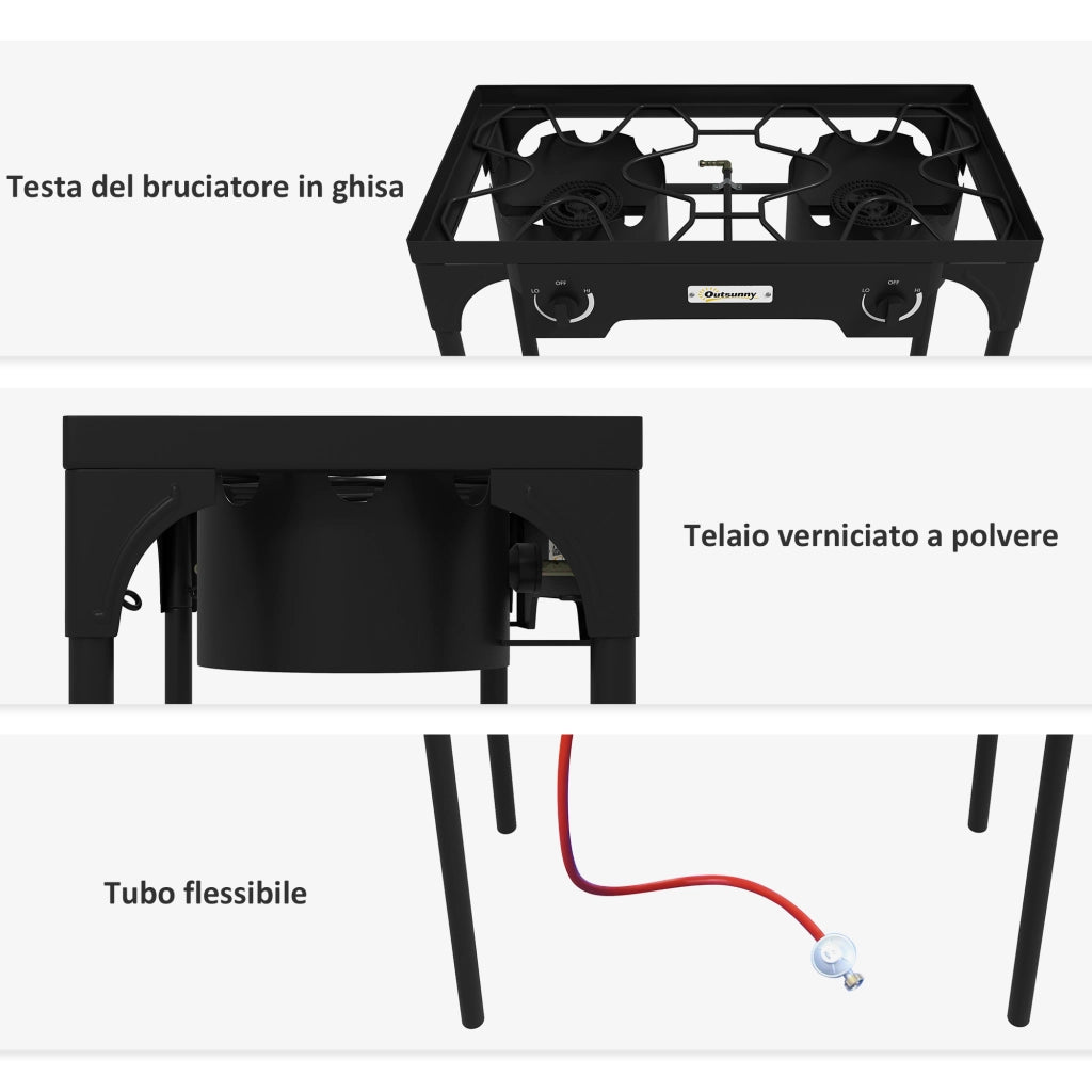 Fornello a Gas da Campeggio 2 Bruciatori ¨C zephmum ¨C 9.2 KW Nero Metallo