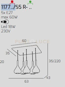 SOSPENSIONE OTTONE SAT. 5 LUCI RETTANGOLARE VETRI 2X TR + 3X AM 1177OS-S5 R-TA