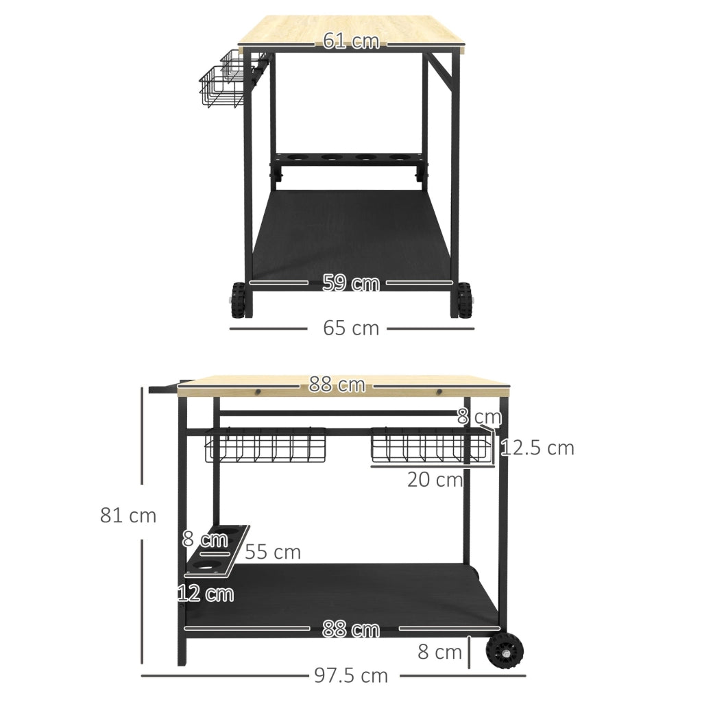 Carrello da Giardino a 2 Ripiani 97.5x65x81 cm con Portabottiglie in Legno di Abete