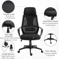 Sedia da Ufficio Reclinabile con Poggiatesta e Supporto Lombare, in Poliestere, 64x55x116-126 cm, Nero