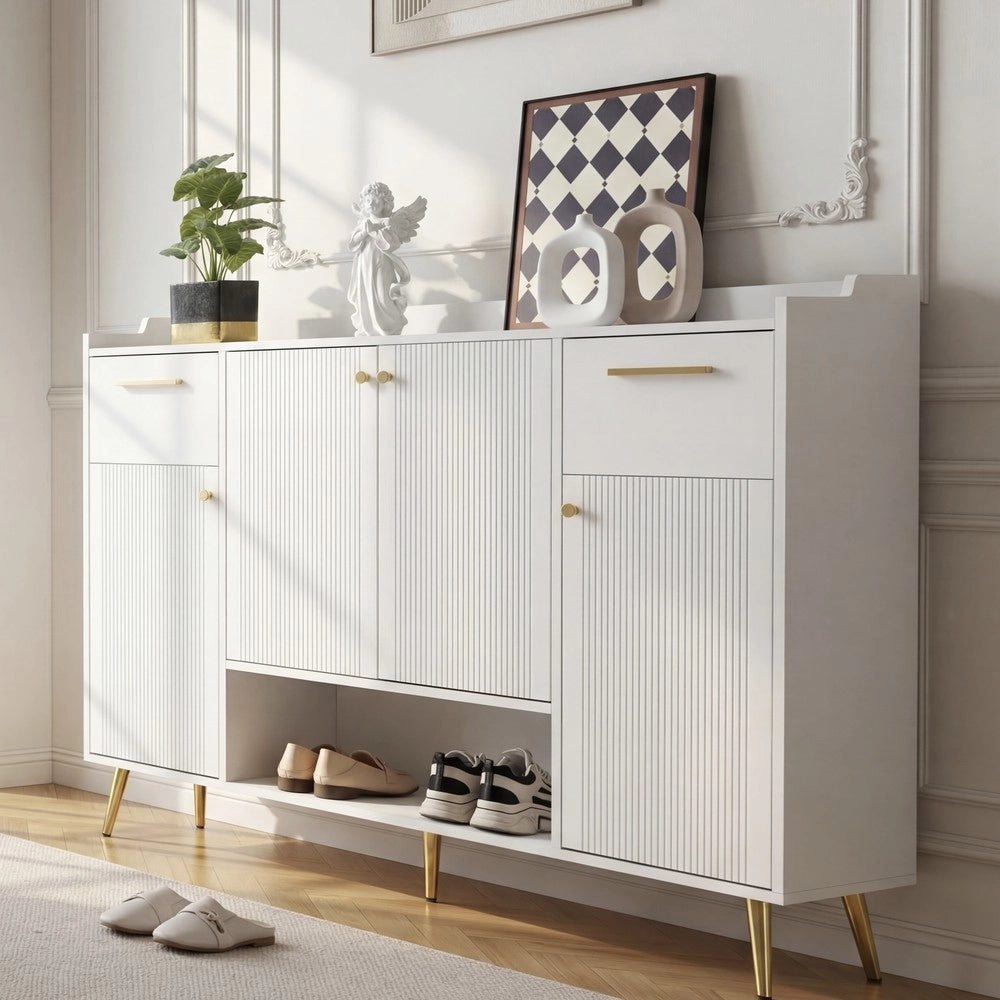 Scarpiera con 2 Cassetti e 4 Ante ¨C MINIMAL ¨C Bianco, Metallo, 130x37x100 cm