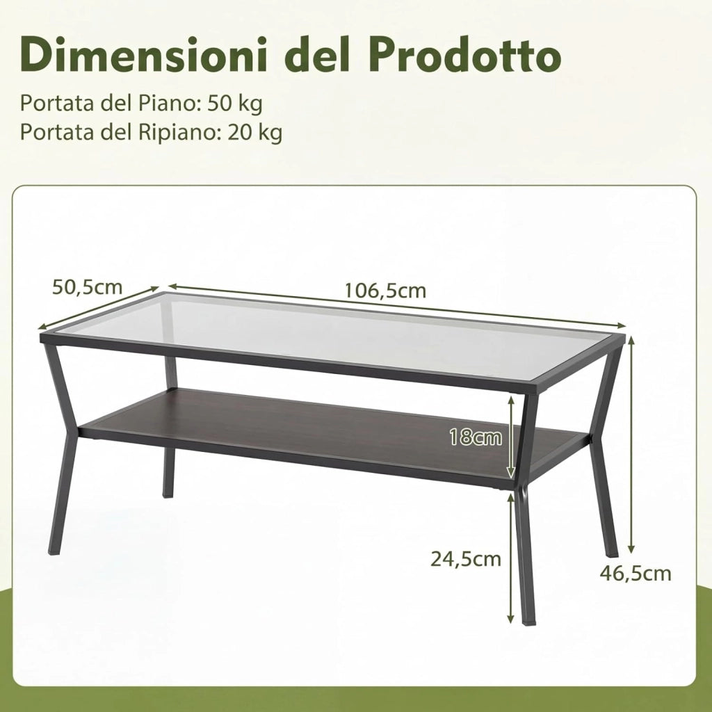 Tavolino da Caffè a 2 Livelli, Tavolino Rettangolare con Piano in Vetro Temperato e Struttura in Metallo, Tavolo Moderno con Ripiano per Soggiorno e Ufficio, 106,5 X 50,5X 46,5 CM
