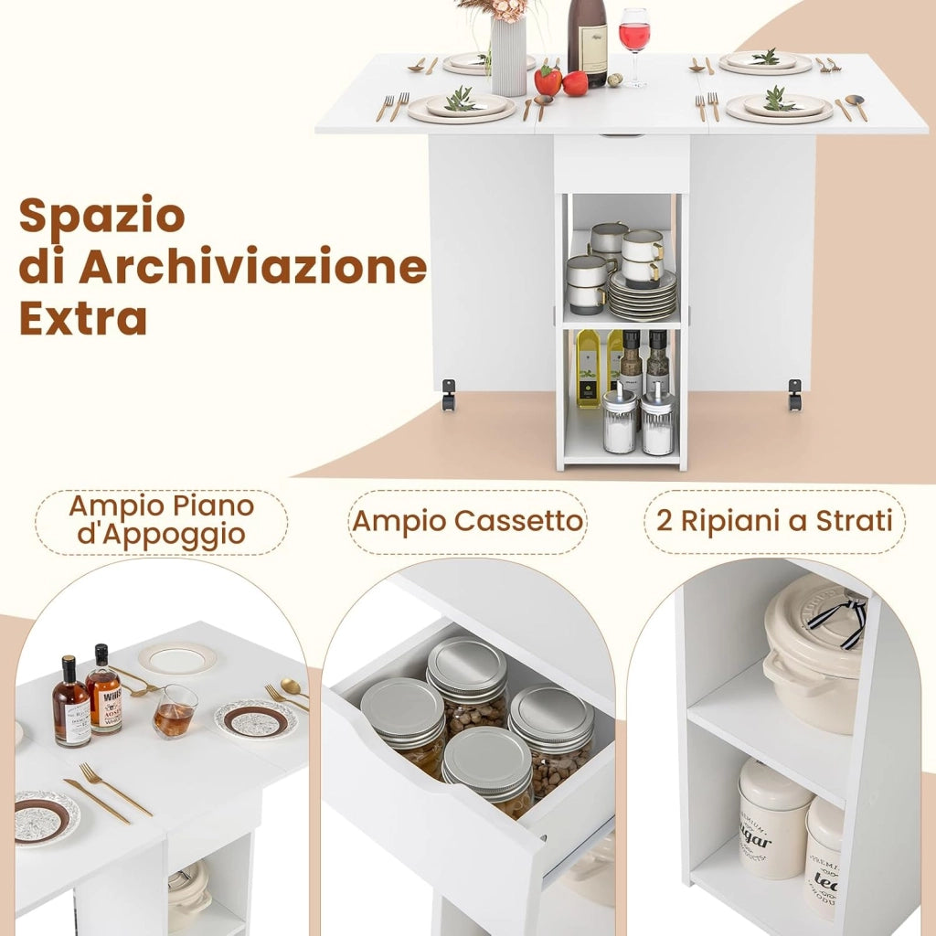 Tavolo da Pranzo Pieghevole, Tavolo Salvaspazio per 4-6 Persone con 2 Ripiani, Cassetto e Ruote a Freno, Tavolino Cucina per Soggiorno, Cucina e Ufficio (Bianco, 34-120 x 72 x 75 cm)