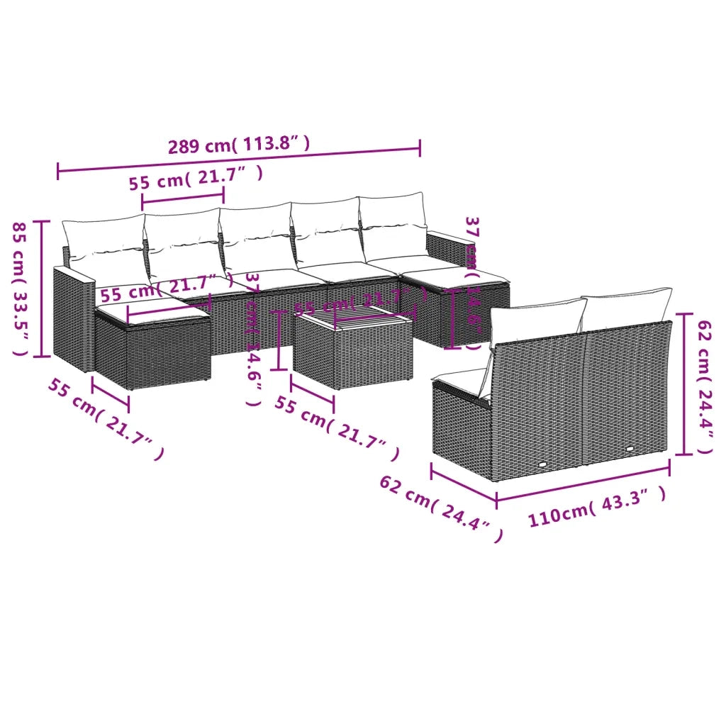 Set Divani da Giardino 10pz con Cuscini in Polyrattan Nerocod mxl 112765
