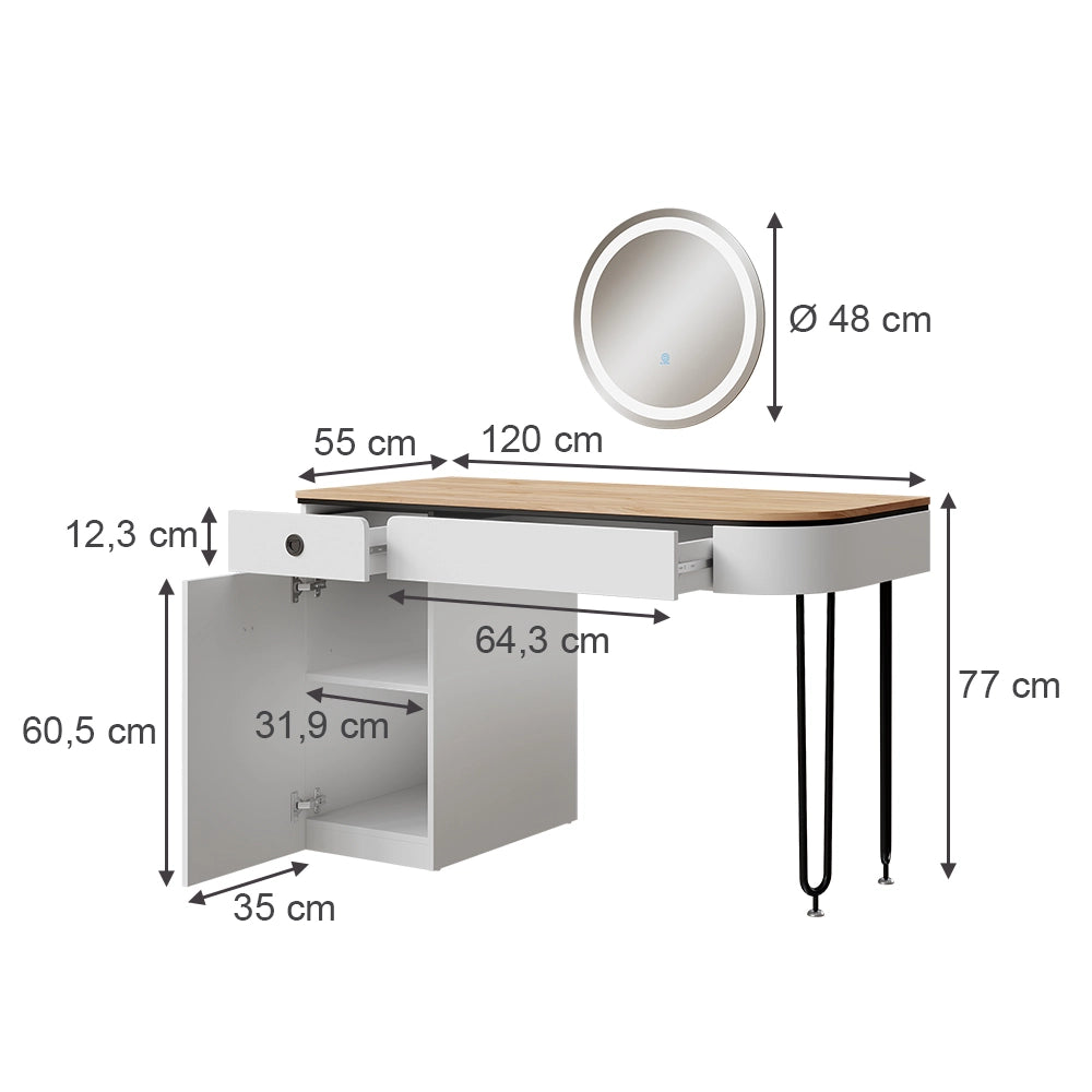 Vicco Tavolo da toilette Bianco/legno naturale 120 cm con specchio LED