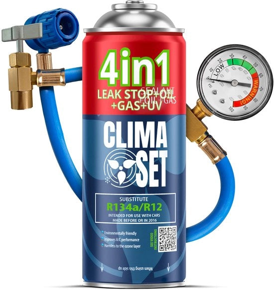 Set 4-in-1 per riparazioni di condizionatori a gas R134a - Olio - Lekdichtingsmiddel - UV-Kleurstof - Slang - Set di rilevamento e riparazione di perdite di gas per condizionatori