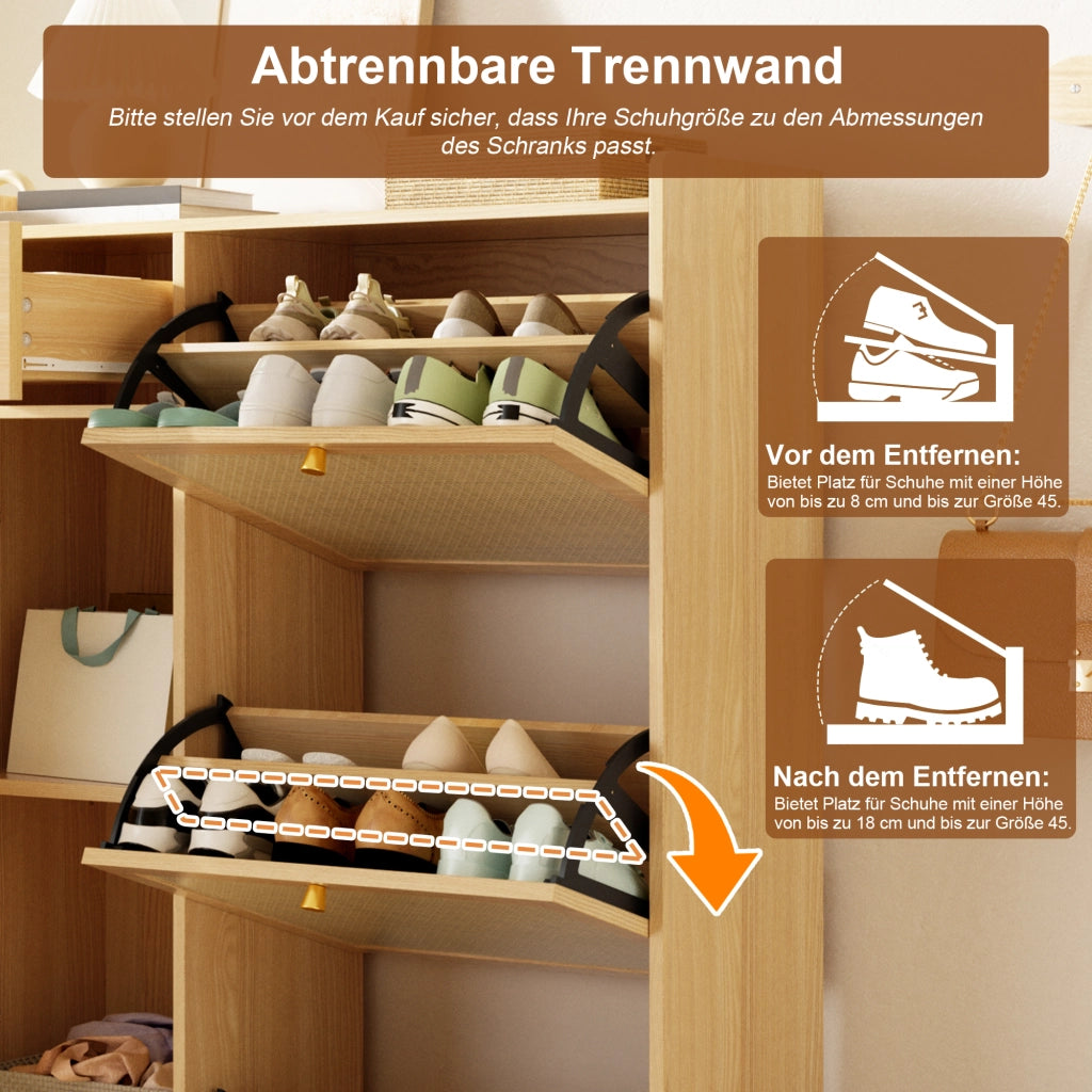 Scarpiera in truciolare con 3 ante a ribalta, 1 cassetto e 1 anta, design in rattan per ingresso, 80,5 × 25 × 125 cm