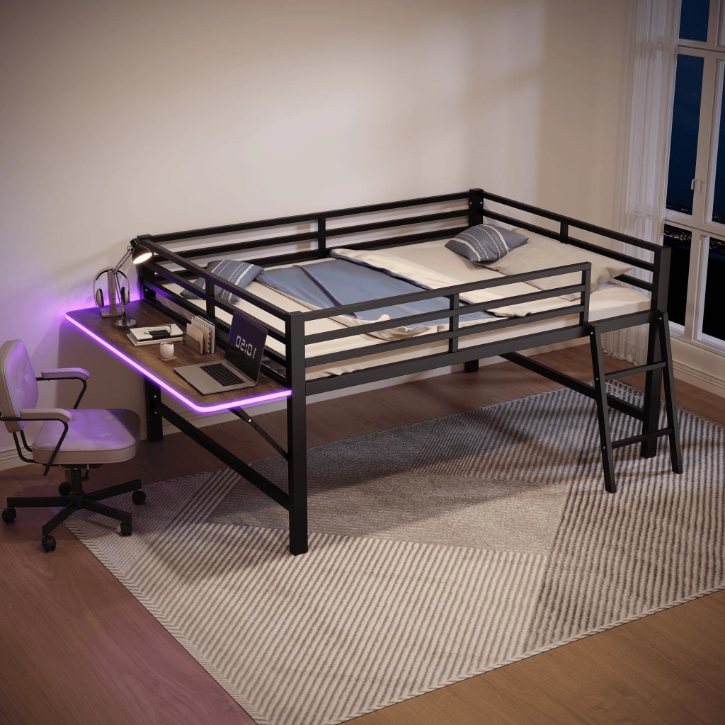 Letto a soppalco 140 × 200 cm con scrivania pieghevole, LED e sbarre di sicurezza, senza materasso, metallo, nero