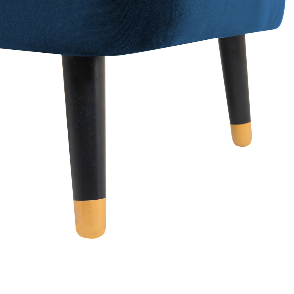 Divano a 3 posti in velluto blu cobalto con braccioli incassati sullo schienale e gambe in legno