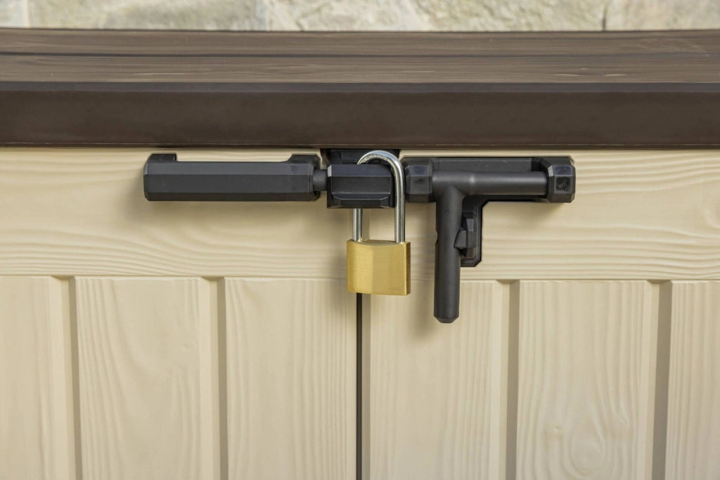 Armadio da esterno Hinton, Mobile outdoor, Mobiletto giardino multiuso, Contenitore per balcone o garage, 146x82 h120 cm, Beige