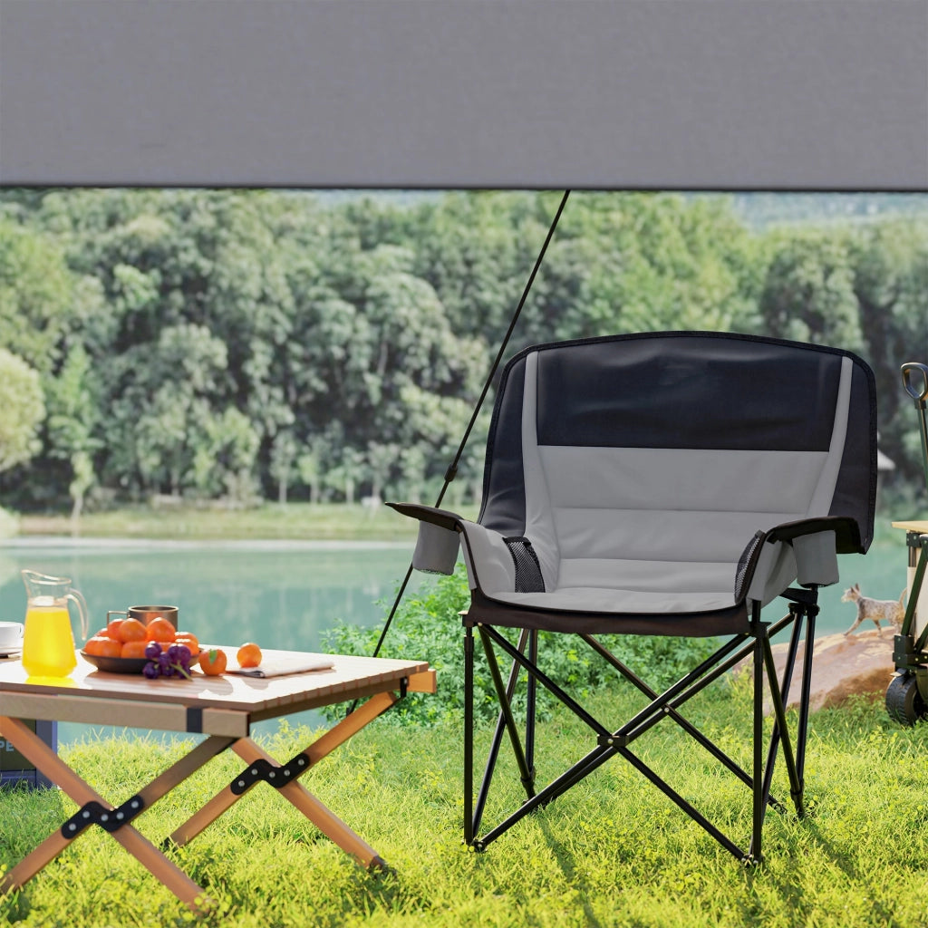 Sedia da Campeggio Pieghevole 99x71x103 cm con 2 Portabicchieri e Tasche Laterali Grigio e Nero
