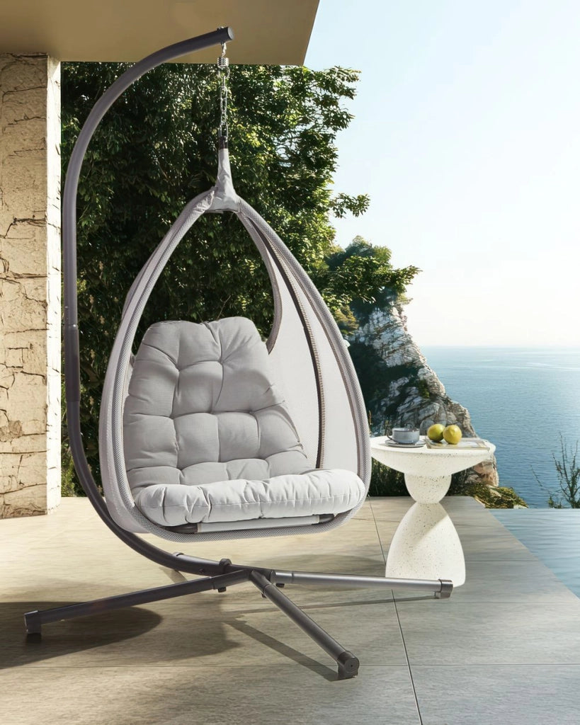 Sedia a uovo a dondolo Supporto metallico grigio chiaro Morbido cuscino da seduta Boho Rustico Soggiorno Terrazza