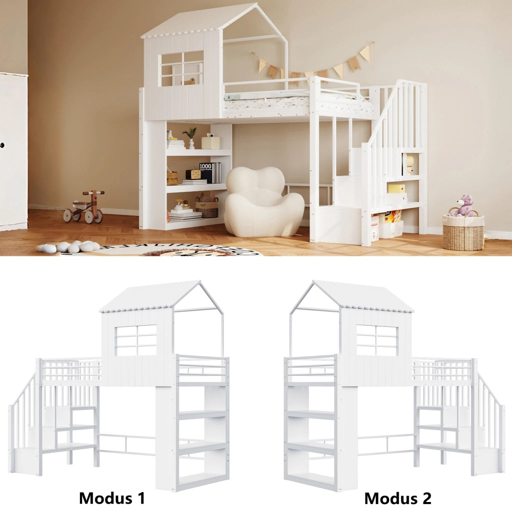Letto a soppalco multifunzionale 90 x 200 cm con scala contenitore e scaffale; bianco