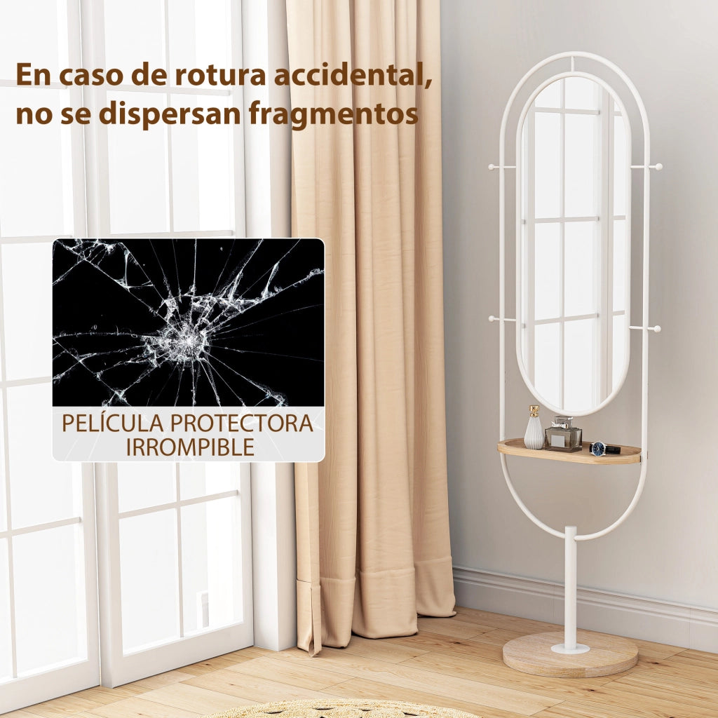 Specchio da terra con mensola e ganci ¨C Xylo ¨C legno e metallo bianco 175,5x50 cm