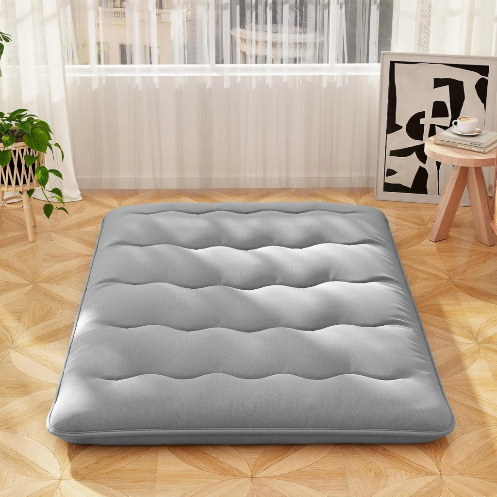 Materasso Futon Pieghevole, Materasso Portatile con Sacca da Trasporto per Camping, Materasso da Terra con Copertura Lavabile (Grigio,200 x 140 cm)