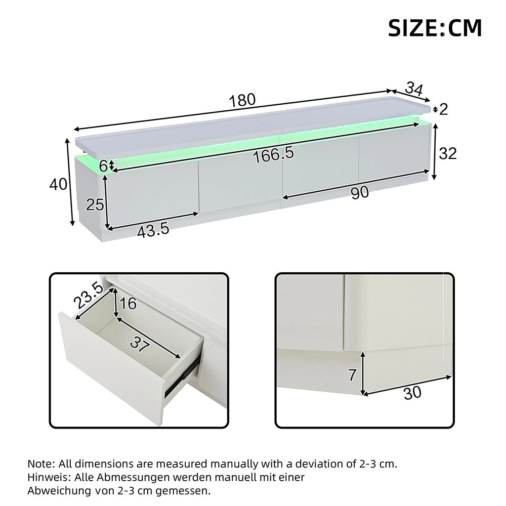 Mobile TV 180x34x40cm - Xylo - 4 Cassetti con Luci LED, Bianco, fino a 80"