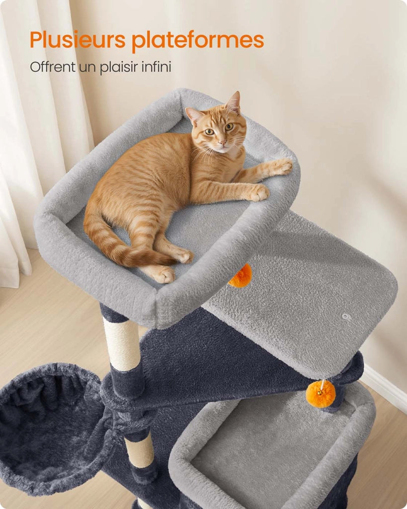 Tiragraffi per gatti altezza 152 cm torre gioco multilivello con 2 grandi cubbie 1 amaca 3 tiragraffi 3 piattaforme grigio 12_0007974