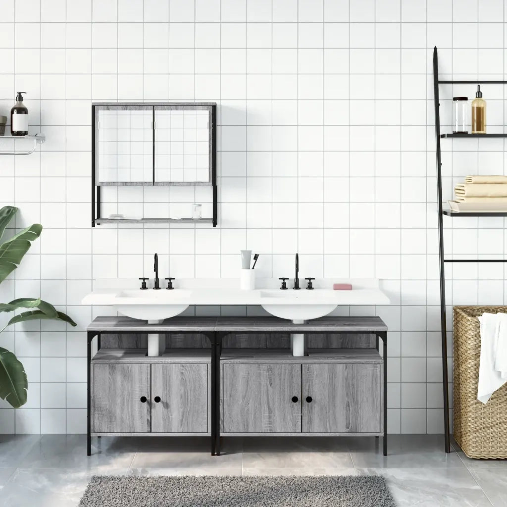 Set Mobili da Bagno | Armadio da bagno 3 pz Grigio Sonoma in Legno Multistrato