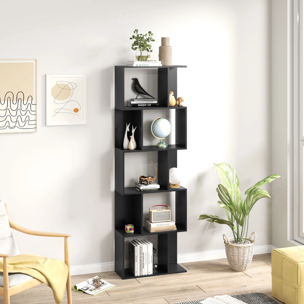 Mobile Libreria in Legno a 5 Ripiani Design Moderno in Legno, 60x24x184.5 cm, Nero