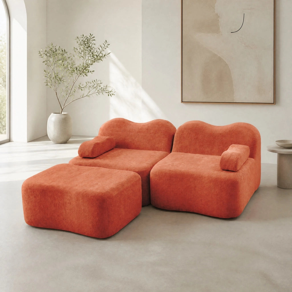 Divano angolare modulare 2 posti con pouf; 192x167x70 cm in velluto arancione