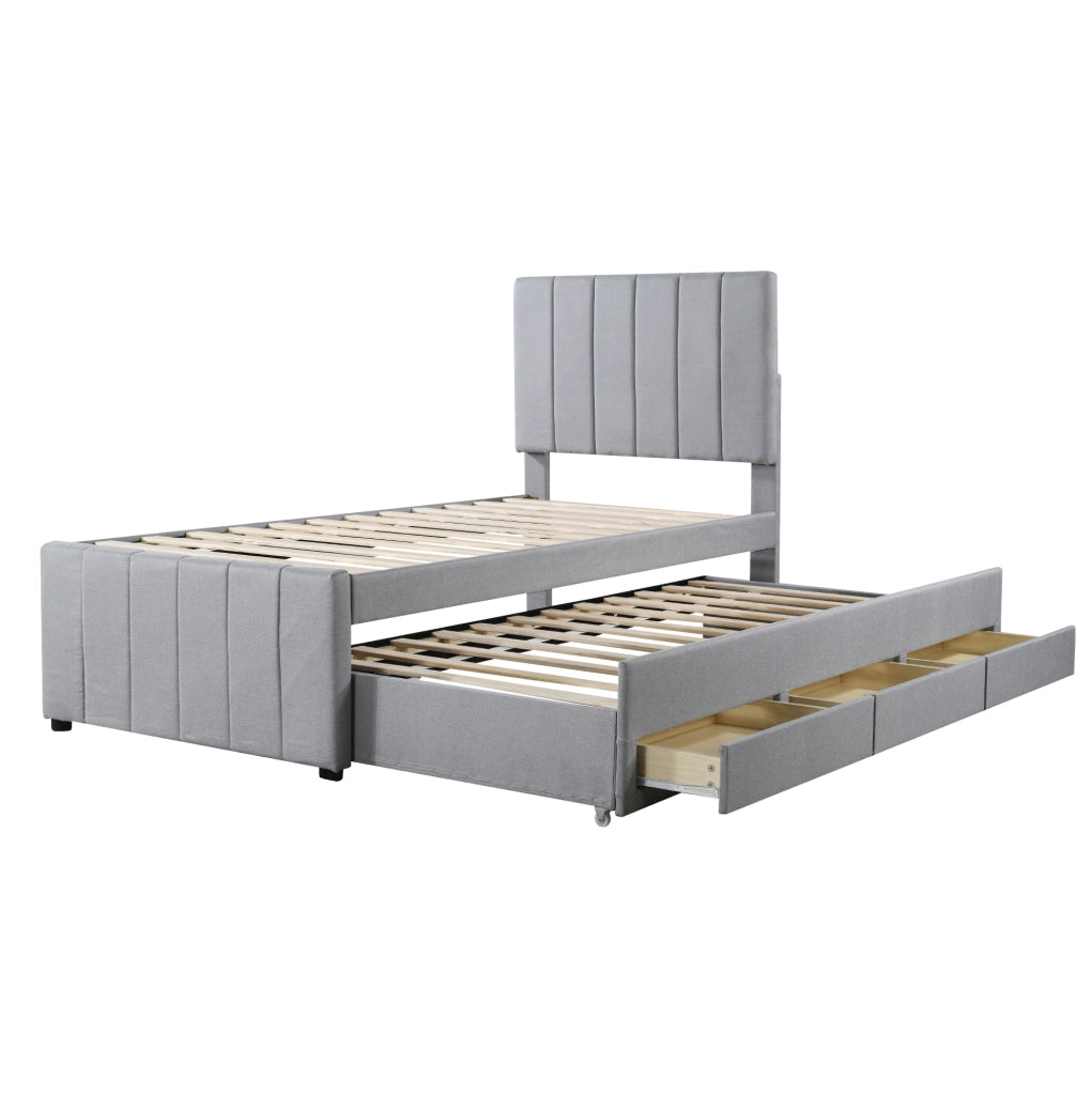 Letto imbottito con letto estraibile e 3 cassetti; testiera regolabile; 204x90x118 cm; grigio