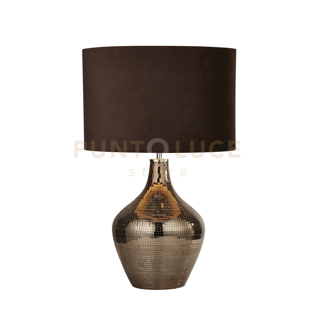 Lampada da tavolo Disco - Mosaico in ceramica e paralume in pelle scamosciata marrone