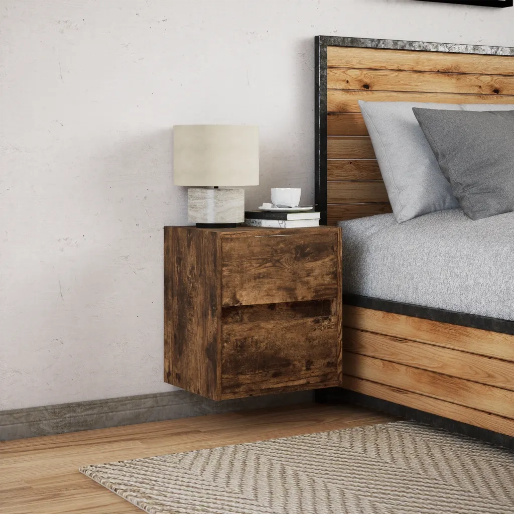 Comodino a Parete con luci LED Rovere Fumo