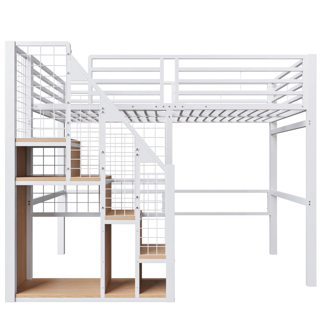 Letto a soppalco 140 x 200 cm bianco in metallo e MDF con scala e vano guardaroba