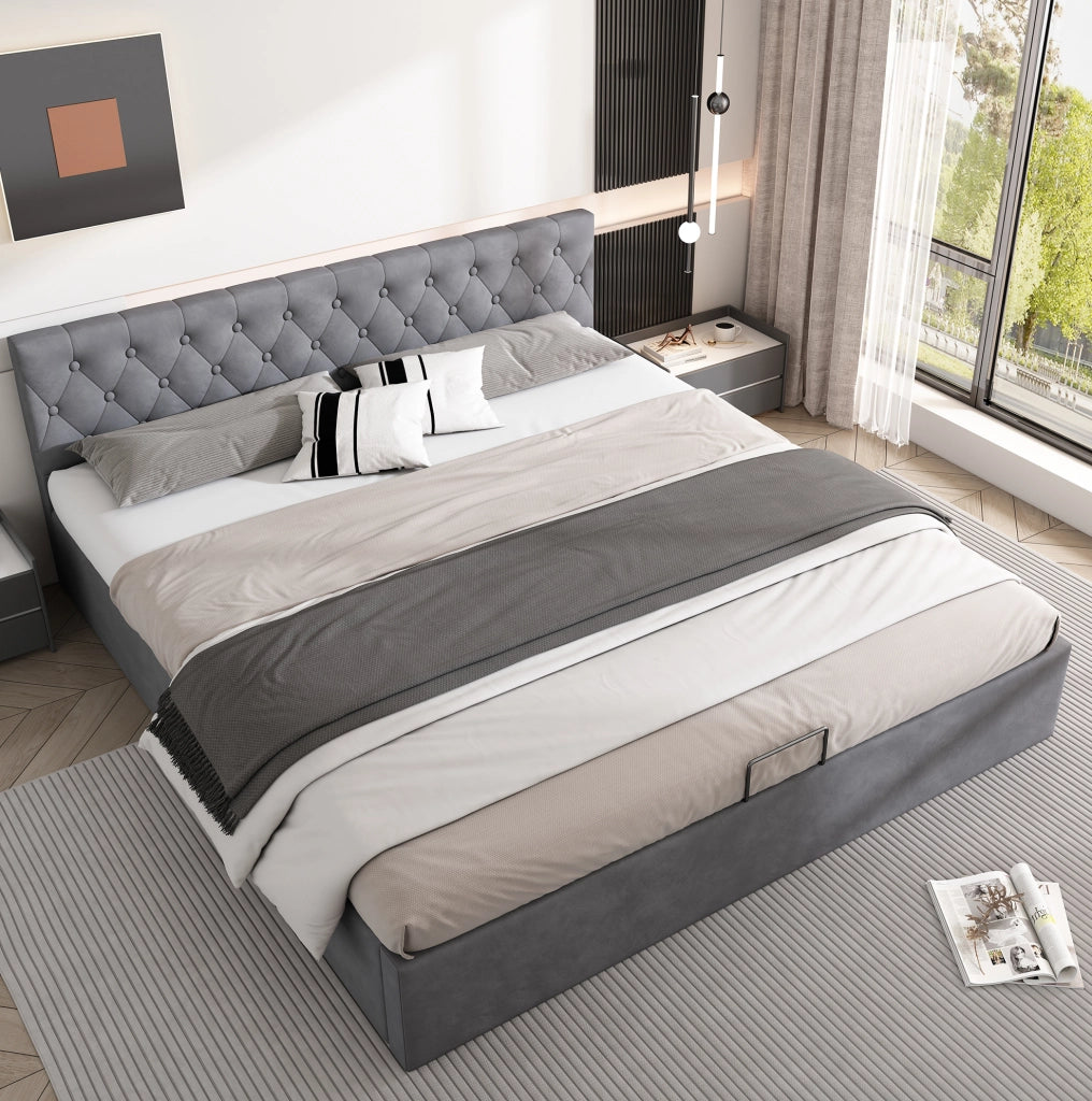 Letto imbottito in velluto con contenitore idraulico; per materasso 180x200 cm; grigio