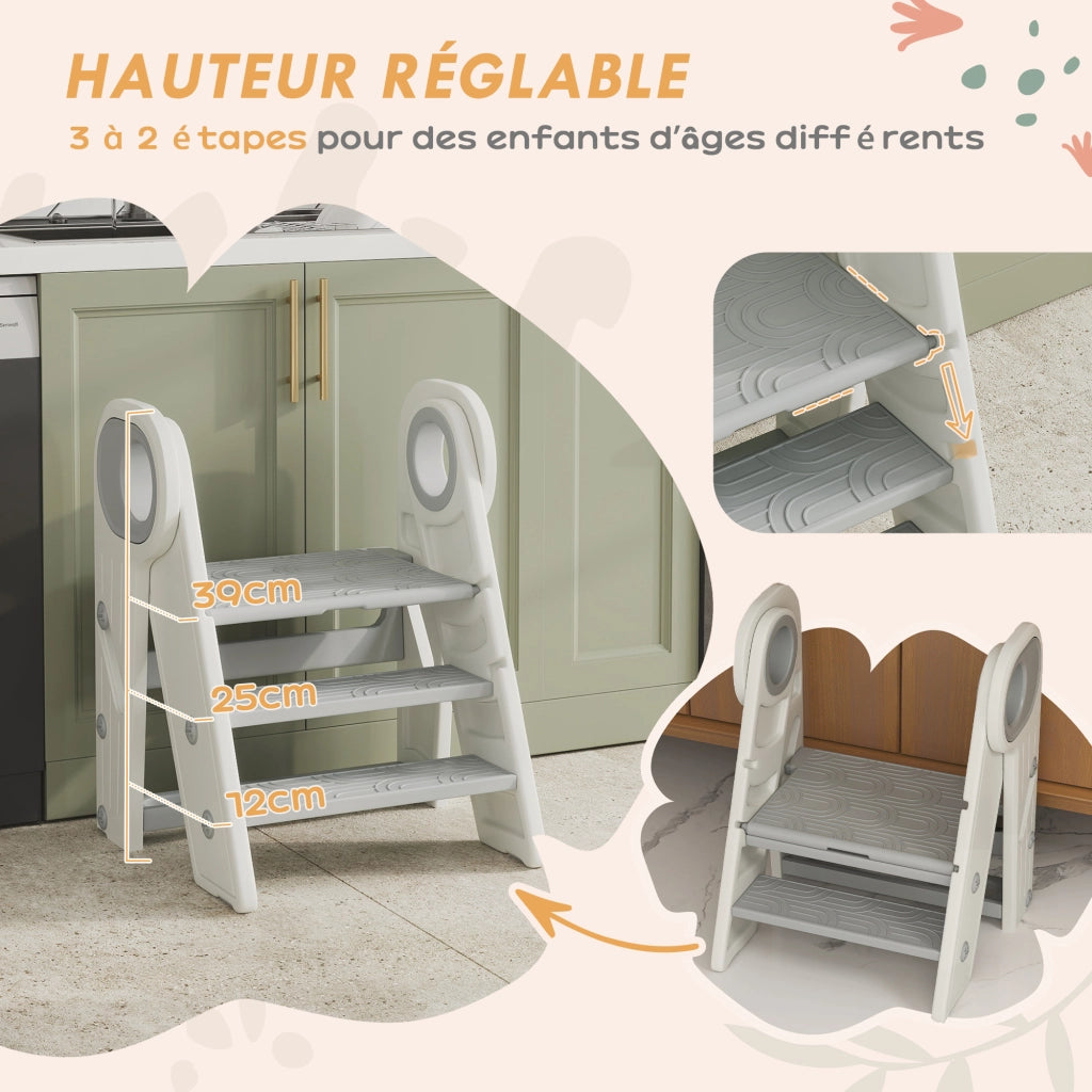 Scalino per Bambini Pieghevole Regolabile ¨C zephmum ¨C Grigio 3 Marche