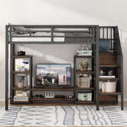 Letto a soppalco singolo 90×200 cm con supporto TV; presa e scala; senza materasso; metallo; nero