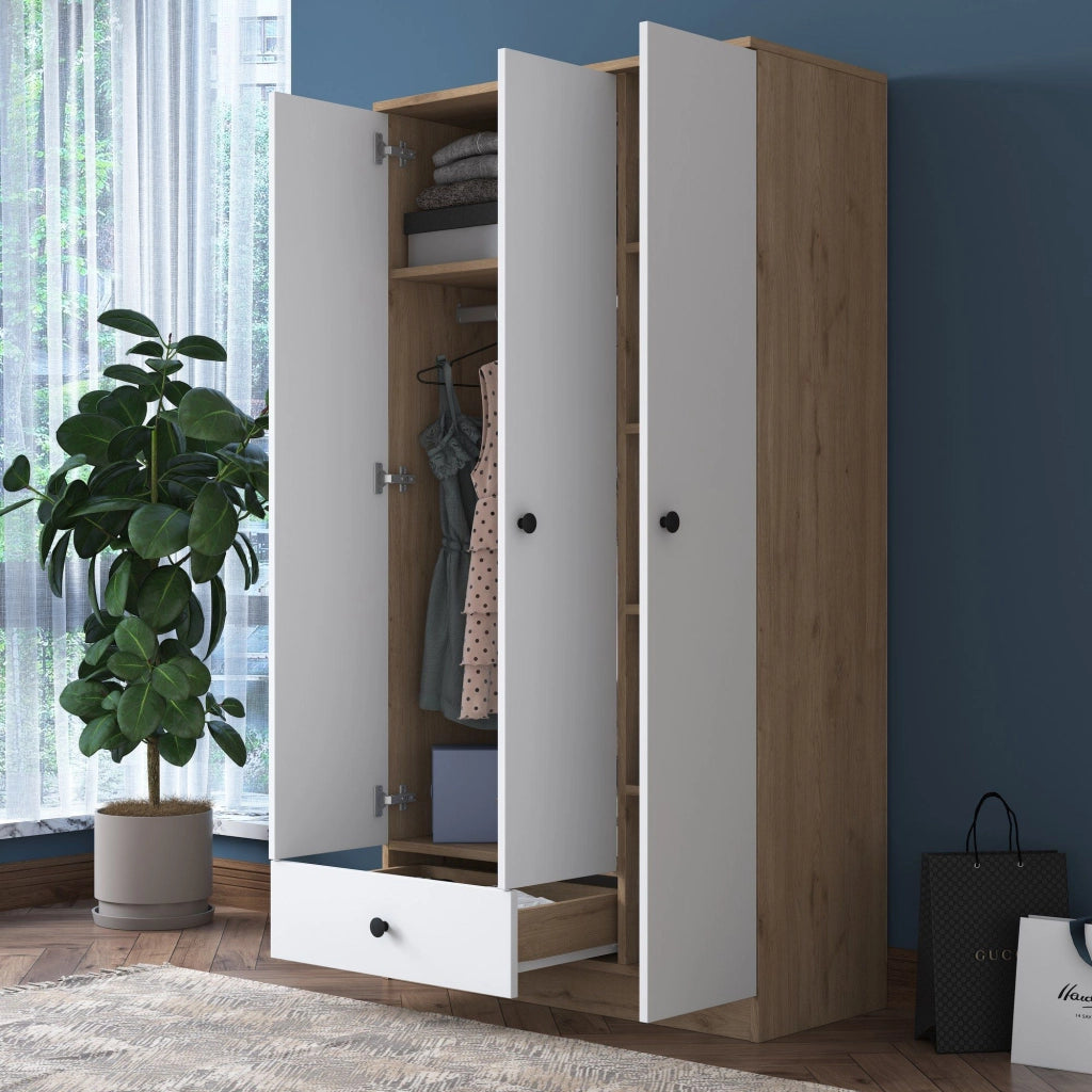 Armadio Camera da Letto Infine, Guardaroba 3 Ante Appendiabiti, 90x43 cm Marrone Rovere