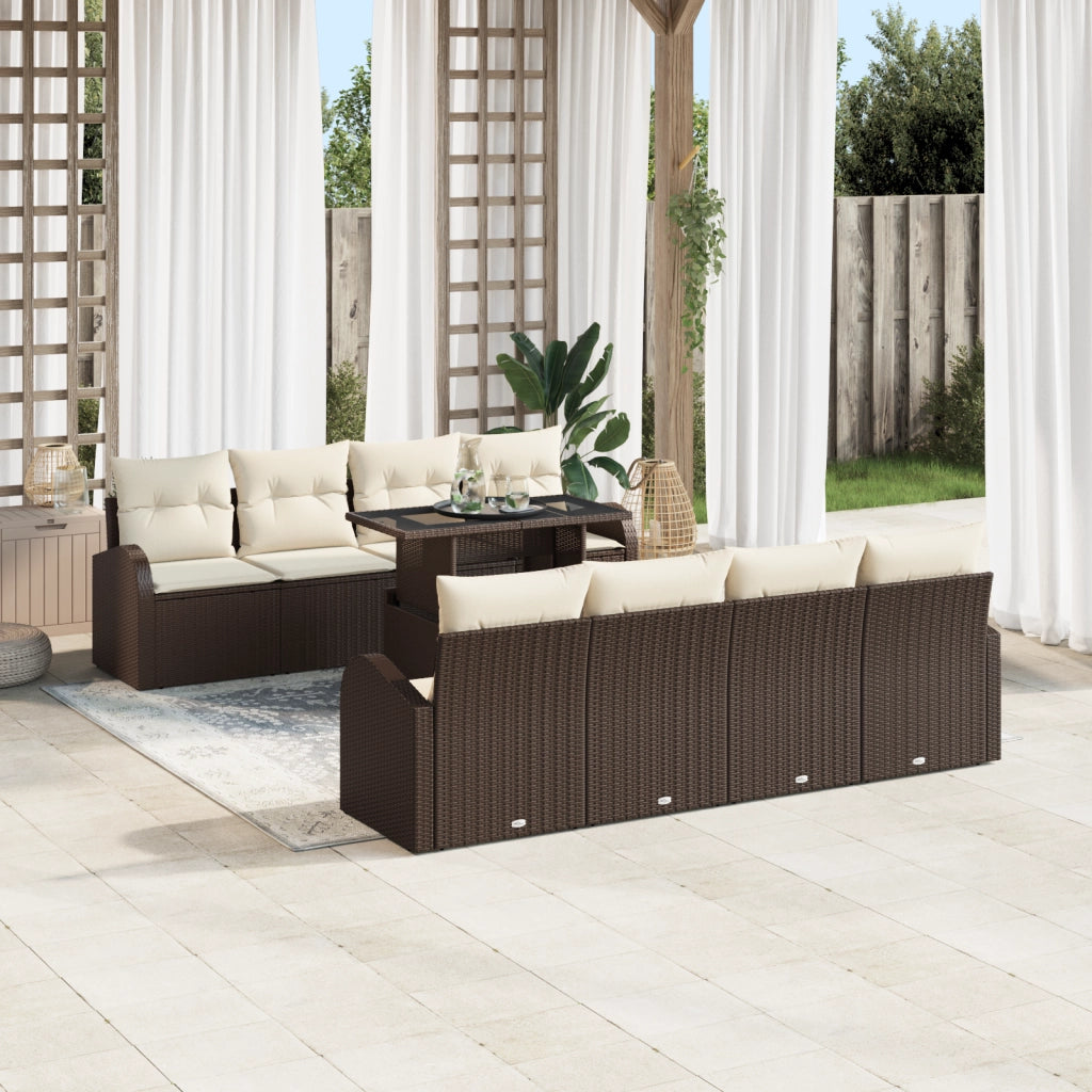 Set di Divani da Giardino da 9 Pezzi con Cuscini Marrone Rattan Polietileno