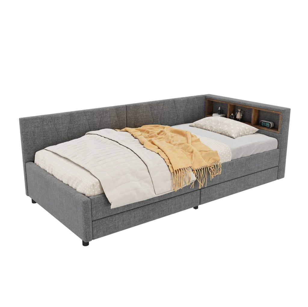 Letto daybed 90x200 cm in lino grigio con LED; USB e Type-C; 2 cassetti e vani contenitore