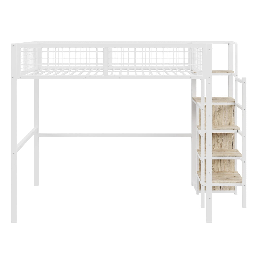 OKWISH Letto a Soppalco 140×200 cm, Letto Matrimoniale con Armadio, Mensole e Scala di Sicurezza, senza Materasso, in Metallo, Bianco
