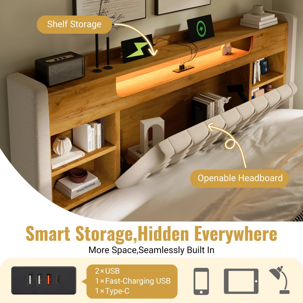 Letto imbottito con contenitore idraulico e LED, 90x200 cm, beige
