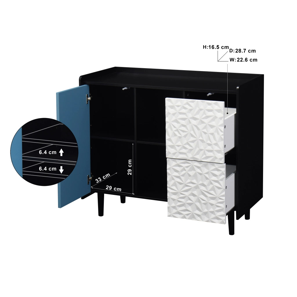 Credenza con 2 cassetti e vano aperto in MDF nero e blu per soggiorno e sala da pranzo 40 × 90 × 80 cm