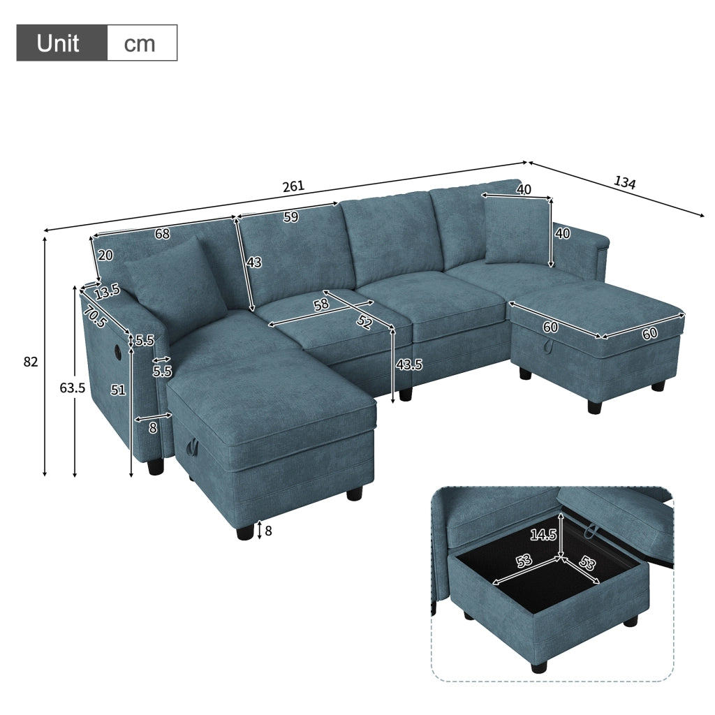 Divano modulare blu in ciniglia 261x134x82 cm con pouf contenitore; USB e Type-C
