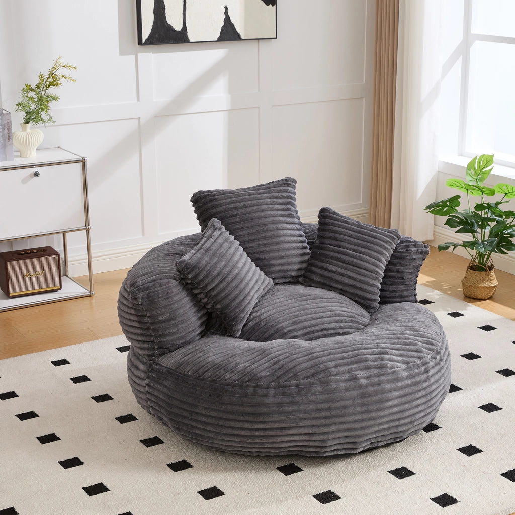 Poltrona Pouf Con Schienale Alto E Braccioli; 3 Cuscini; Seduta Ampia Comfort Lounge; in Velluto A Coste Grigio Scuro