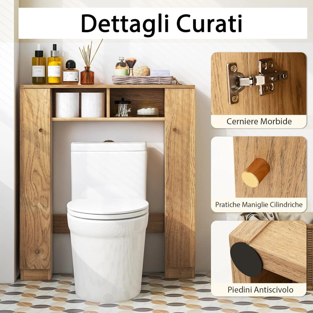 Scaffale Sopra WC, Mobile per Bagno con Doppia Anta, 2 Scomparti Aperti e 4 Ripiani Regolabili, Scaffale Salvaspazio da Terra per Bagno Lavanderia, 87,5x18x98 cm (Naturale)