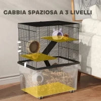 Gabbia per Criceti 3 Piani con Ruote, 2 Piattaforme, Rampe, Ciotola e Bottiglia, 58x43x74 cm, Nero
