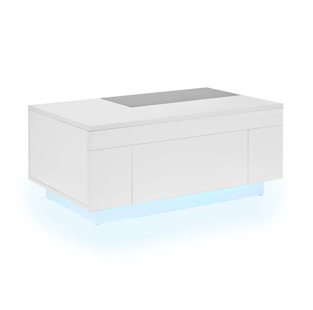 Tavolino 80x50x35,5 cm nero e bianco, con LED e contenitore, MDF lucido