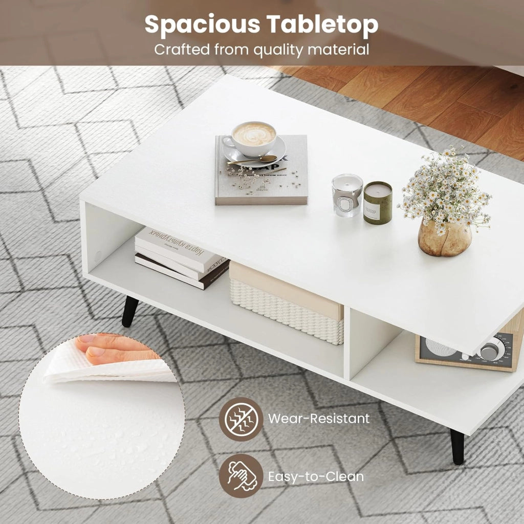 Tavolino da salotto con ripiano aperto, tavolino da caffè con gambe in metallo, tavolino basso in stile industriale, tavolo da soggiorno 80 x 45 x 30 cm (bianco)
