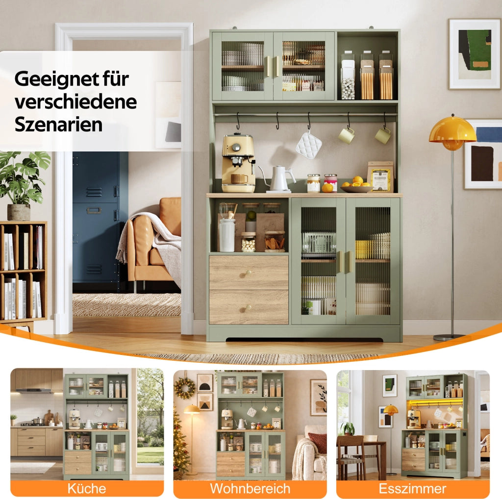Credenza cucina con LED RGB; prese USB; ante in vetro temperato e ripiani regolabili; verde antico