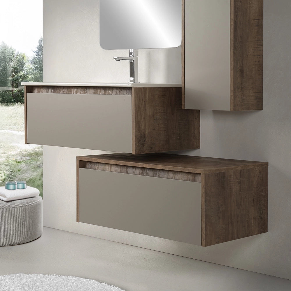 Mobile bagno sospeso 80 cm in legno tabacco e tortora con 2 cassetti, lavabo e specchio Smok
