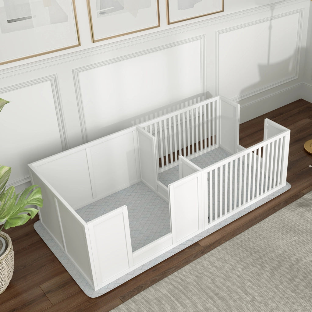 Recinzione decorativa per cuccioli a due spazi con ingresso regolabile in MDF bianco 166 × 80 × 50 cm