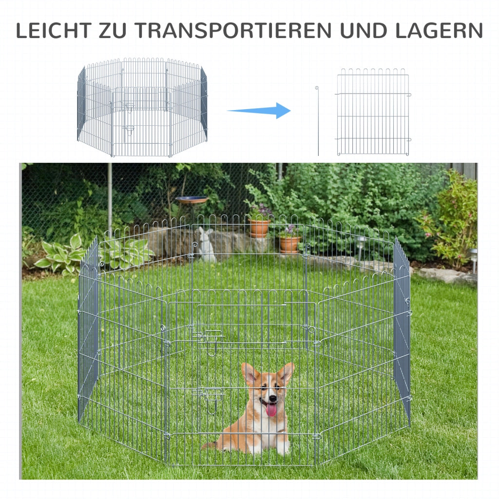 Recinzione decorativa per cuccioli a 8 pannelli con porta e 8 ancoraggi per esterno in acciaio silver 63 × 76 cm