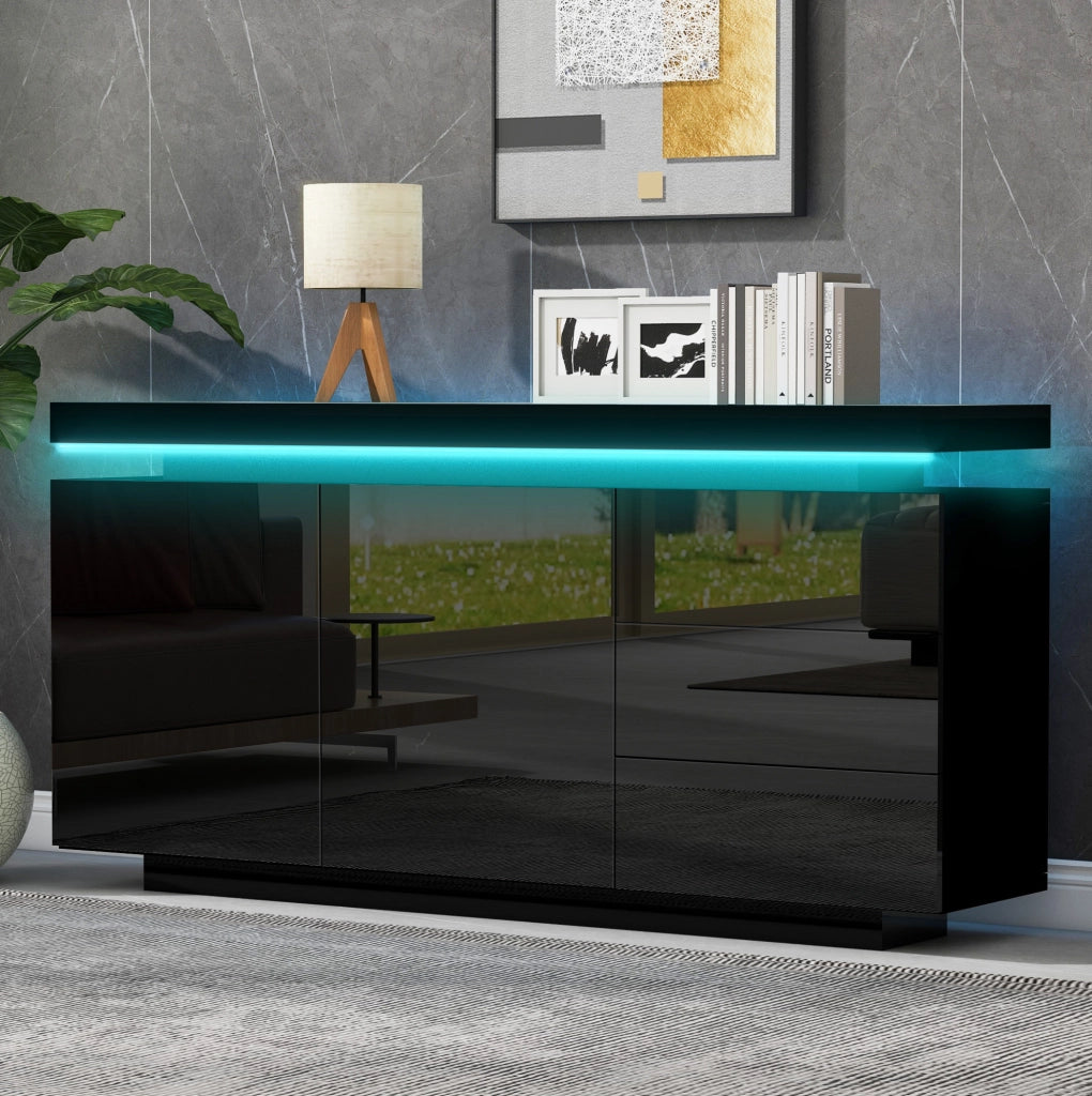 Credenza 140x35x72.5 cm con LED; 2 ante e 3 cassetti; pannello truciolare nero