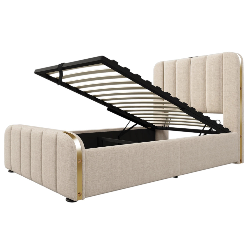 Letto singolo 90x200 cm in lino beige con testiera imbottita; USB e contenitore idraulico