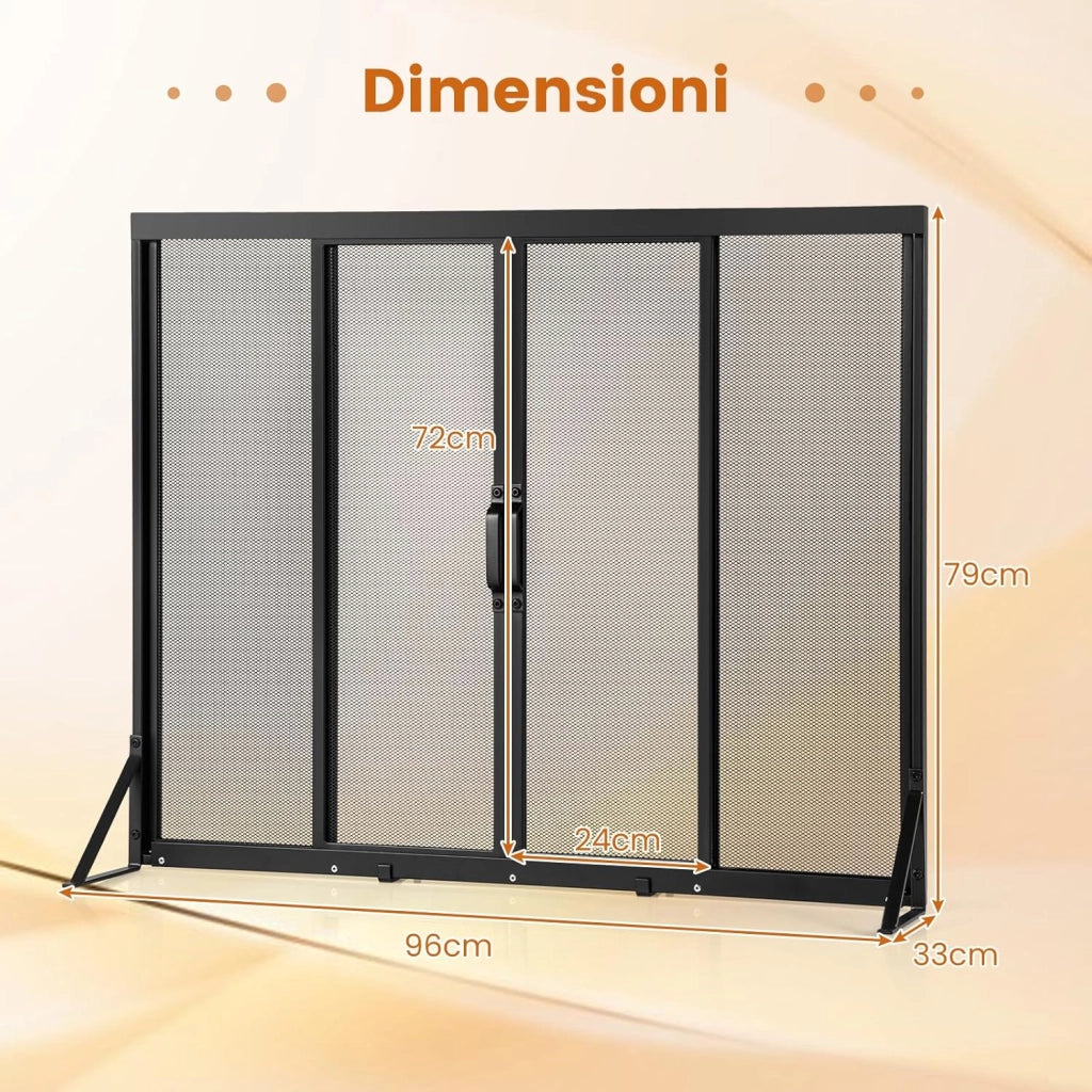 Griglia Parascintille Camino con 2 Pannelli Scorrevoli, Maniglie Convenienti e Telai di Supporto a Triangolo, Ventilazione Eccellente, Schermo per Camino in Rete Metallica (96 x 79 cm)